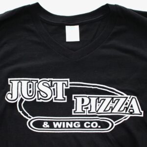 JUST PIZZA & Wing Co. T-shirts in black and tie-dye styles, Crew Neck and V Neck, Buffalo, NY